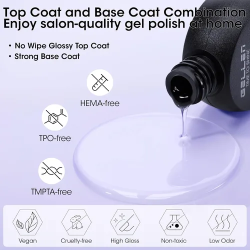 Miniatura 5 de GELLEN Esmalte de uñas de gel base y capa superior de gel, 2 unidades de 0.4 fl oz, capa superior de gel que no se limpia y capa base fuerte, sin