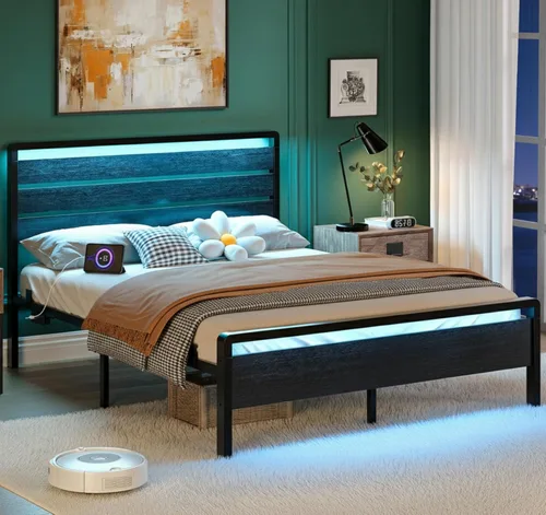 Miniatura 19 de VINGLI Base de cama de plataforma individual con cabecero y estribo LED, estación de carga USB, cama de panel de metal con espacio de almacenamiento