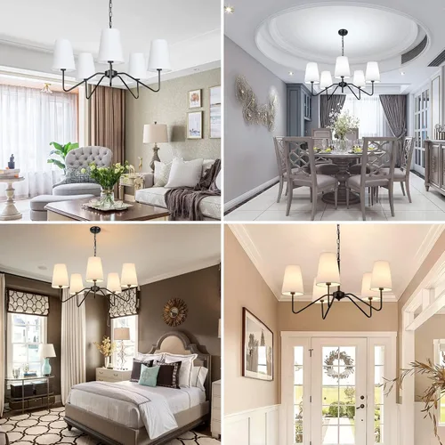 Miniatura 8 de Candelabro moderno de 5 luces de 30 pulgadas con pantallas blancas, lámpara colgante clásica para comedor, lámpara negra con base E12 lámpara