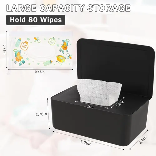Miniatura 2 de Dispensador de toallitas para pañales Whiidoom, portador de toallitas, caja de toallitas de tejido mantiene las toallitas frescas con tapa (negro)
