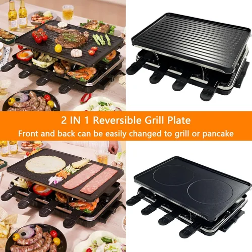 Miniatura 2 de Parrilla de barbacoa coreana 2 en 1, parrilla eléctrica antiadherente Raclette con 8 sartenes de raclette, temperatura ajustable de 1300 W