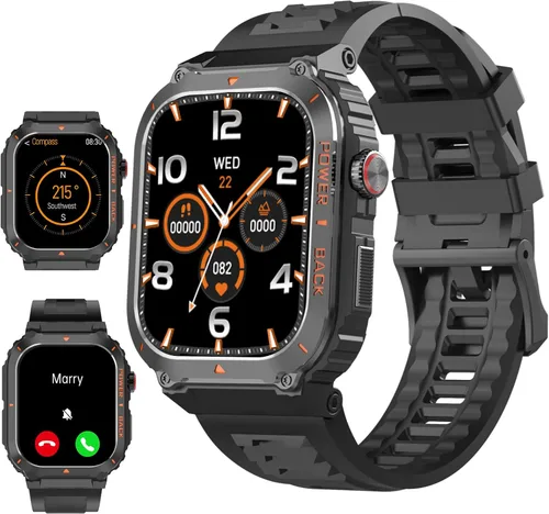 Reloj inteligente para hombre, relojes inteligentes militares con GPS con llamada/texto, monitor de salud (frecuencia cardíaca/spO2/sueño), Negro