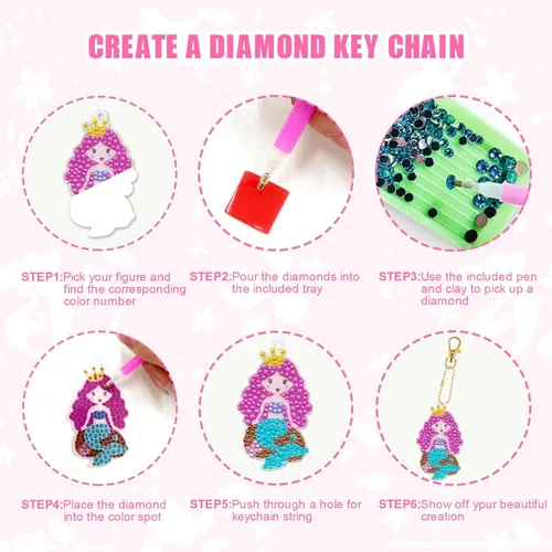 Miniatura 4 de CAYUDEN Llaveros de pintura artística de diamante, 15 piezas de llaveros de diamantes 5D para niños, llavero de pintura de diamante de sirena