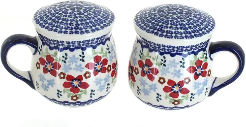 Miniatura 10 de Blue Rose Polish Pottery - Saleros y pimenteros de margaritas rojas con asas - 3.75 pulgadas de alto - Juego de condimentos de cerámica pintados a