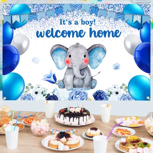 Miniatura 7 de Cartel de revelación de género con texto en inglés "I'm a Boy" para fiesta de baby shower, cabina de fotos, decoración de fondo de elefante azul