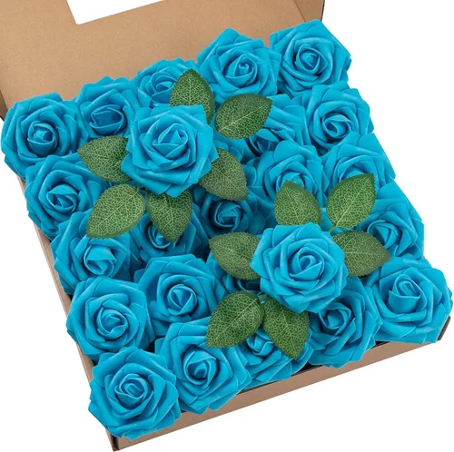 Miniatura 48 de DuHouse 25 rosas artificiales con tallos, flores de espuma de tacto real para bricolaje, ramo de boda, centro de mesa, arreglo floral, fiesta, Verde