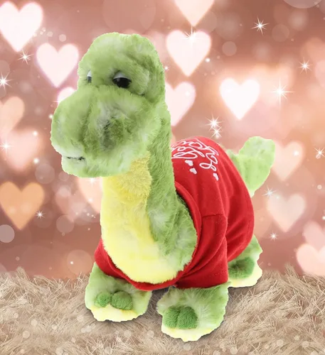 Miniatura 5 de DolliBu Peluche de dinosaurio verde I Love You, lindo animal de peluche con camisa roja y nombre personalizado para San Valentín, 10 pulgadas