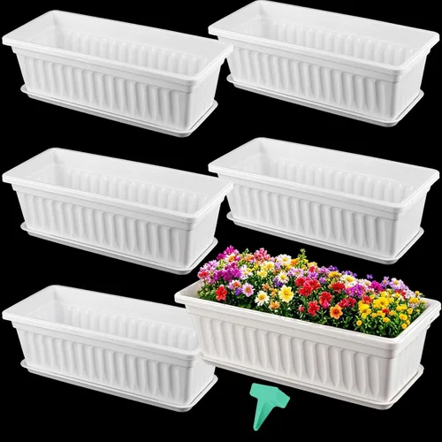 Miniatura 9 de Paquete de 6 cajas de flores de 17 pulgadas, macetas de plástico para verduras largas con bandeja, maceta negra para alféizar de ventana, patio