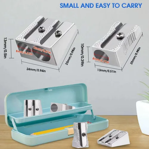 Miniatura 4 de Sacapuntas de metal, 4 sacapuntas manuales de doble agujero para lápices de grafito de colores, sacapuntas de crayón, oficina en casa y escuela