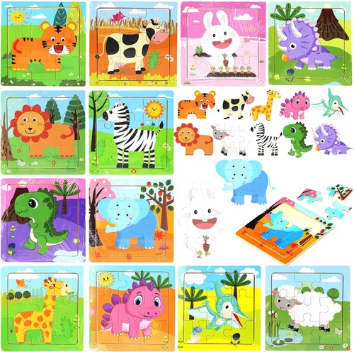 Miniatura 5 de Paquete de 12 mini rompecabezas de animales de madera para niños de 3 años en adelante, 9 piezas, juguetes educativos de viaje Bonitos recuerdos