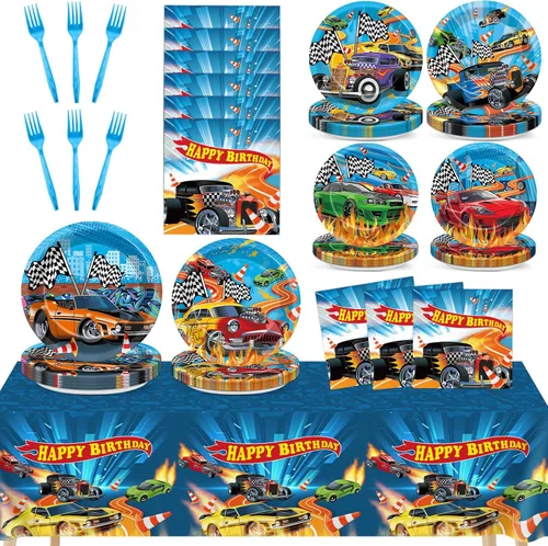 98 piezas de suministros de fiesta de autos de carreras, platos de papel para autos calientes, servilletas, manteles temáticos de carreras, cubierta
