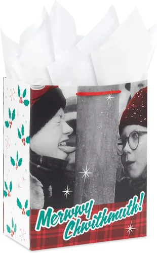 Hallmark A Christmas Story - Bolsa grande de regalo de Navidad de 13 pulgadas con papel de seda (Merwwy Chwithmuth) para niños, nietos y fanáticos