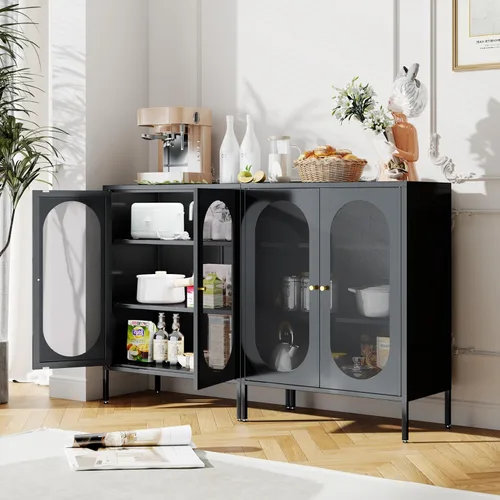 Miniatura 4 de Armario de almacenamiento de metal con 2 puertas de malla para sala de estar, hogar, hotel, oficina, garaje, cocina, 3 niveles, 2 estantes Negro