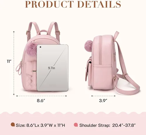 Miniatura 3 de Missnine Mini mochila para mujer, bonita mochila pequeña con pompón, de piel sintética, mochila pequeña casual para mujer, rosado (2-Pink)