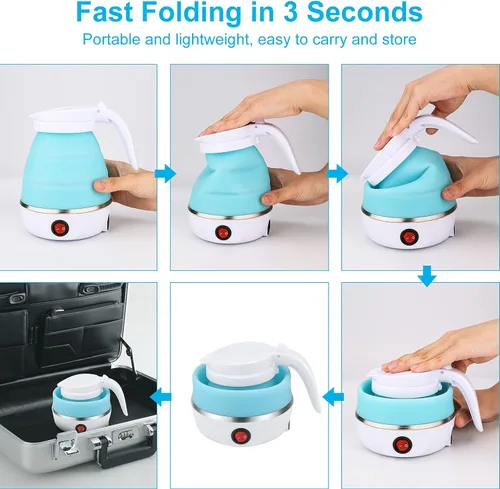 Miniatura 8 de Hervidor Eléctrico Portátil de Tamaño de Viaje, 600ML Pequeño Plegable para Té y Café con Tazón y Tazas Colapsables, 5 Minutos de Agua en Ebullición