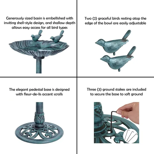 Miniatura 3 de Westcharm Bebedero para Pájaros de 29 Pulgadas, Ligero, de Resina Poli Verde Verdigris para Exteriores con Pájaros Decorativos y Base de Pedestal