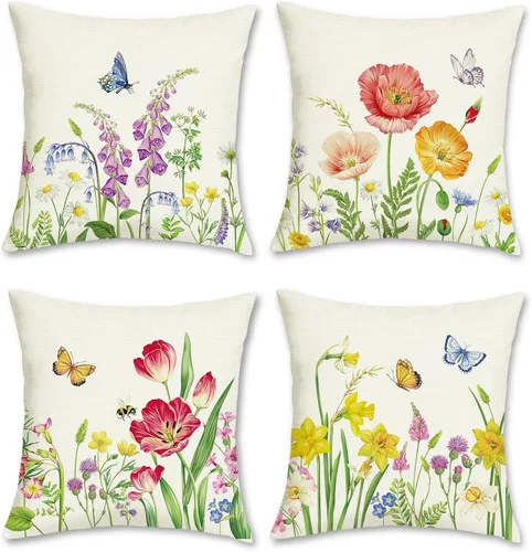 Miniatura 8 de Bonhause Juego de 4 fundas de almohada florales de 18 x 18 pulgadas, fundas de cojín decorativas de plantas silvestres, fundas de cojín decorativas