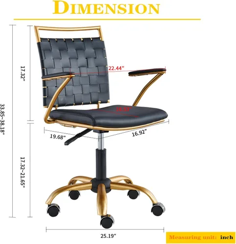 Miniatura 2 de Cómoda silla de oficina con respaldo medio, silla de escritorio de cuero dorado y negro con respaldo tejido y cojín grueso, silla giratoria