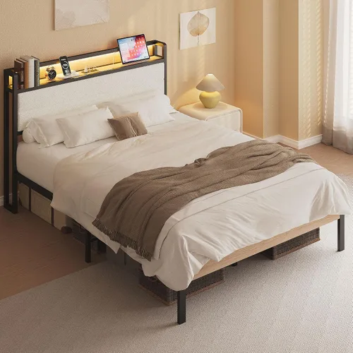 Miniatura 8 de LIKIMIO Base de cama matrimonial con cabecera de almacenamiento y luces LED, plataforma de metal con estación de carga, sin ruido, no necesita