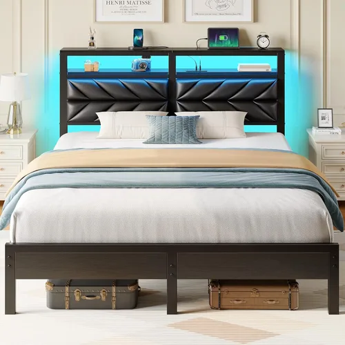 Miniatura 22 de Seventable Base de cama tamaño Queen con estación de carga, cama LED con cabecera de almacenamiento tapizada, cama de plataforma de metal con Gris
