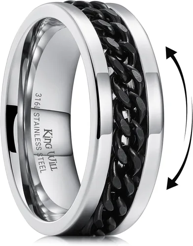 Miniatura 14 de King Will - Anillo antiestrés de acero inoxidable 316L para hombres y mujeres, con cadena decorativa giratoria, 8 mm de ancho, anillo de boda