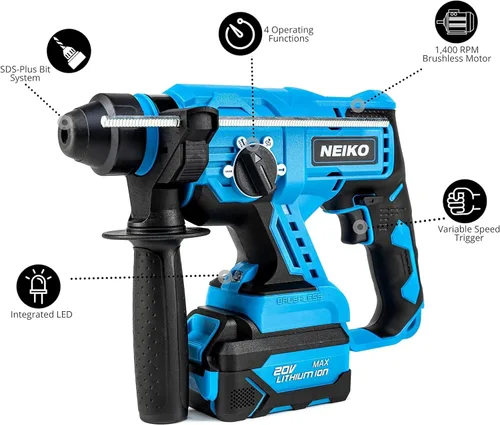 Miniatura 2 de NEIKO 10882A Taladro de Martillo Giratorio Inalámbrico, Incluye Batería Recargable de 20 V Li-ion, Cargador Rápido, Taladro de Martillo SDS Plus