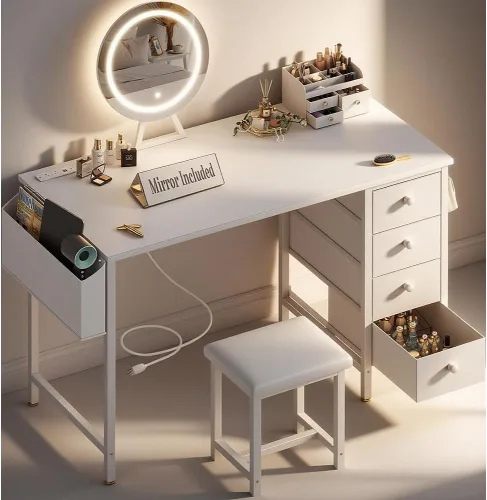 Escritorio blanco con espejo y luz, juego de tocador de maquillaje con silla, almacenamiento, espejo iluminado, 4 cajones de tela grandes y toma de