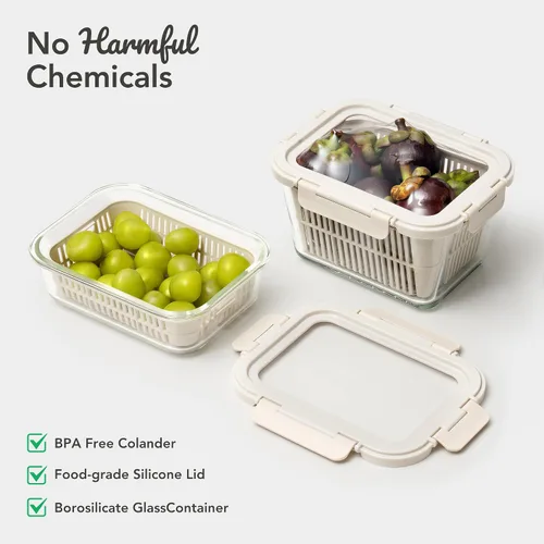 Miniatura 5 de GENICOOK Contenedores de almacenamiento de vidrio para refrigerador, paquete de 2 – Recipientes herméticos para frutas y verduras con coladores