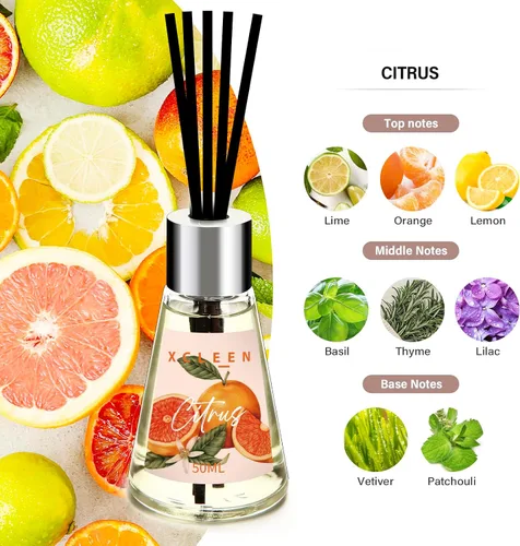 Miniatura 2 de Xcleen juego de difusores de caña de 3 unidades, Escape/Citrus/Sandalwood, difusor perfumado con 15 varillas de fibra, difusor de aceite