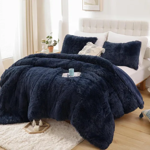 Miniatura 25 de Smoofy Juego de edredón esponjoso de tamaño Full, juego de edredón rosa de piel sintética, juego de ropa de cama mullido de lujo, juego de ropa