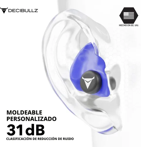 Miniatura 4 de Decibullz - Tapones para oídos moldeables a medida, 31 dB NRR más alto, protección auditiva cómoda para disparar, viajar, trabajar y conciertos Azul