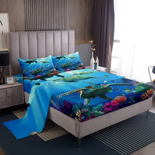 Manfei Juego de sábanas de tortuga marina, tamaño individual, colorido juego de ropa de cama de peces de algas marinas coral para decoración de
