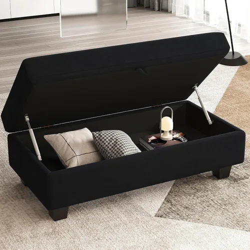 Miniatura 4 de Belffin Banco otomano rectangular de gran tamaño con almacenamiento, reposapiés tapizado de terciopelo para sala de estar y dormitorio (negro)