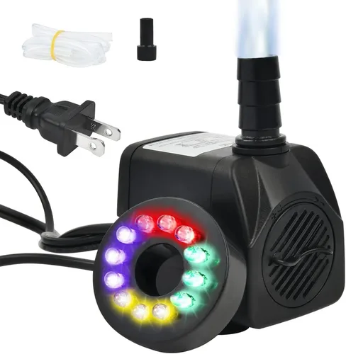 BUYGOO Bomba sumergible de fuente de 10 W, 160 GPH con luz LED, ultra silenciosa, pequeña fuente de agua para exteriores, para estanque al aire