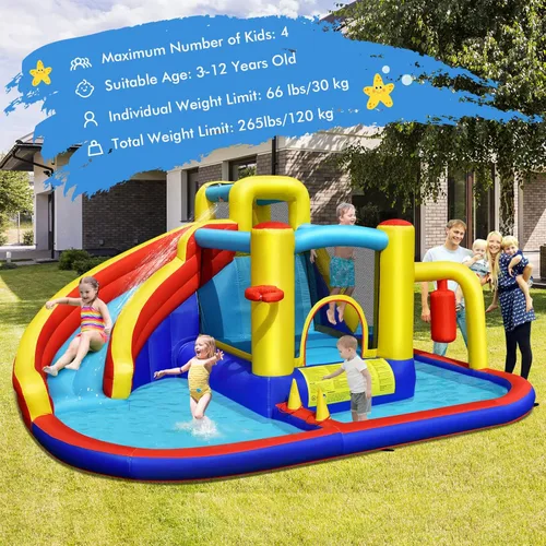 Miniatura 8 de BOUNTECH Tobogán acuático inflable, castillo de salto de parque acuático 6 en 1 para niños con 2 piscinas de salpicaduras, boxeo, toboganes