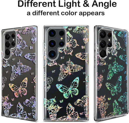Miniatura 4 de Funda transparente con purpurina para Galaxy S23 Ultra – 6.8 pulgadas, diseño de flores, diseño de mariposa de cristal, para mujeres y niñas