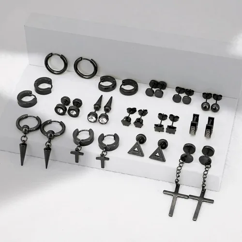 Miniatura 7 de Juego de 15 pares de aretes para hombre, de acero inoxidable, hipoalergénicos, con cruz, aretes de aro colgantes de moda, joyería de regalo