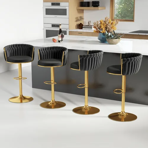 Miniatura 10 de ABET Taburete de Bar Dorado 1UN, Taburetes Giratorios de Terciopelo, Taburetes de Altura Ajustable con Respaldo Tejido, Taburetes de Cocina Modernos