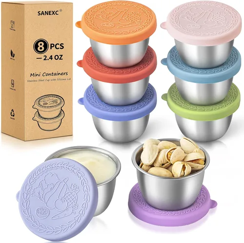 SANEXC Paquete de 8 - Recipientes pequeños de 2.4 oz para aderezo de ensalada para llevar, recipientes de condimentos a prueba de fugas con tapas,