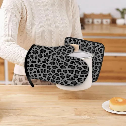 Miniatura 6 de Guantes de horno de leopardo gris y negro y soportes para ollas de cocina, juego de 2 piezas, almohadilla resistente al calor para hornear