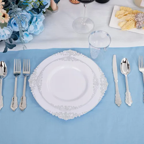 Miniatura 5 de Hioasis 100 platos de plástico blanco y plateado para fiestas, platos de postre de 7.5 pulgadas, desechables, resistentes, elegantes y elegantes