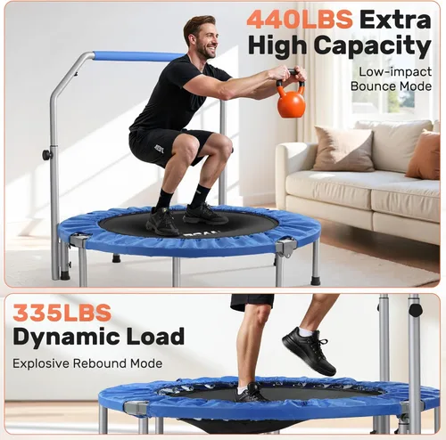 Miniatura 3 de BCAN SP2 - Mini trampolín plegable de 40/48 pulgadas, carga máxima de 330 libras/440 libras, rebote de fitness con mango de espuma ajustable, Azul