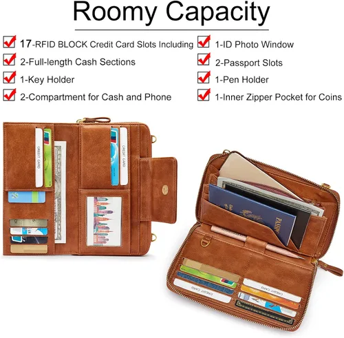 Miniatura 3 de S-ZONE Carteras de viaje para mujer con bloqueo RFID de cuero bolso cruzado para documentos de pasaporte soporte para tarjetas de crédito L