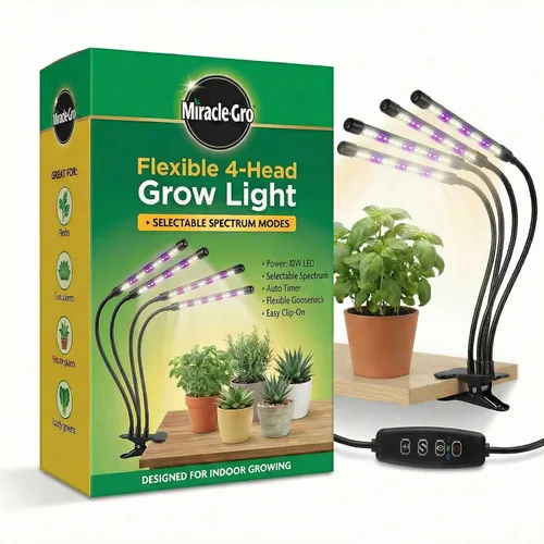 Miracle-Gro Luz LED de cultivo para plantas de interior de 4 cabezales, luz de espectro seleccionable con temporizador y modos de regulación |