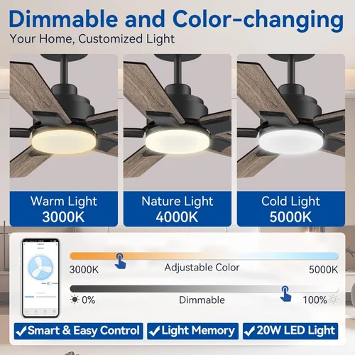 Miniatura 3 de Hoenofly Ventilador de techo inteligente de 42 pulgadas con control remoto de luces, control por aplicación y voz Alexa WIFI, motor CC reversible