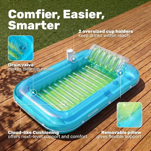Miniatura 4 de Flotador inflable de bronceado para piscina Sloosh, 70" x 46" flotadores de piscina para adultos con almohada, 4 en 1 balsa de baño de sol flotante