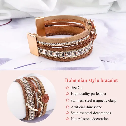 Miniatura 3 de Pulseras de cuero multicapa, pulsera bohemia moderna de corazón para mujer, brazalete magnético con cierre de diamantes de imitación, joyería