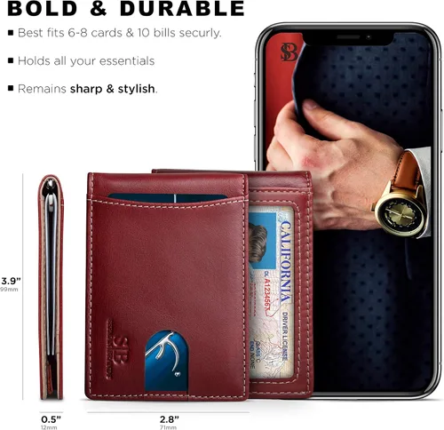 Miniatura 5 de SERMAN BRANDS Billeteras de cuero genuino minimalista con bloqueo RFID para hombres con clip para dinero, regalo fino
