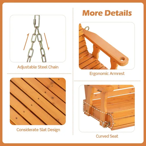 Miniatura 3 de Giantex Columpio de madera para porche de 2 asientos, sillas oscilantes para exteriores con cadenas colgantes, capacidad de peso de 600 libras