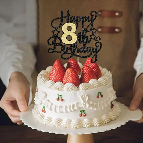 Miniatura 7 de 1 pieza de decoración de pastel de 8º cumpleaños con purpurina y saludos a 8 años, decoración de pastel de feliz cumpleaños para fiesta de 8 años